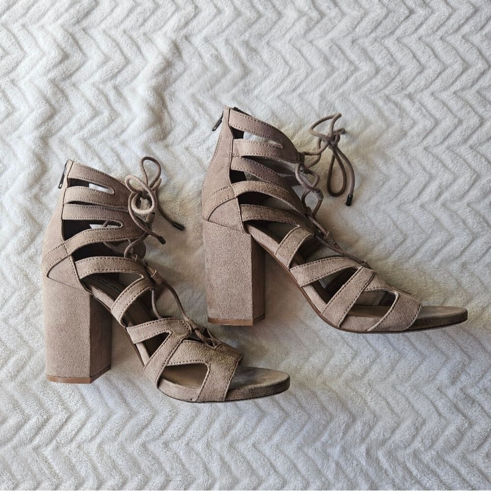 Steve Madden Gal Lace Up Block Heel Sandals | Taupe Cage Sandal Size 7.5
